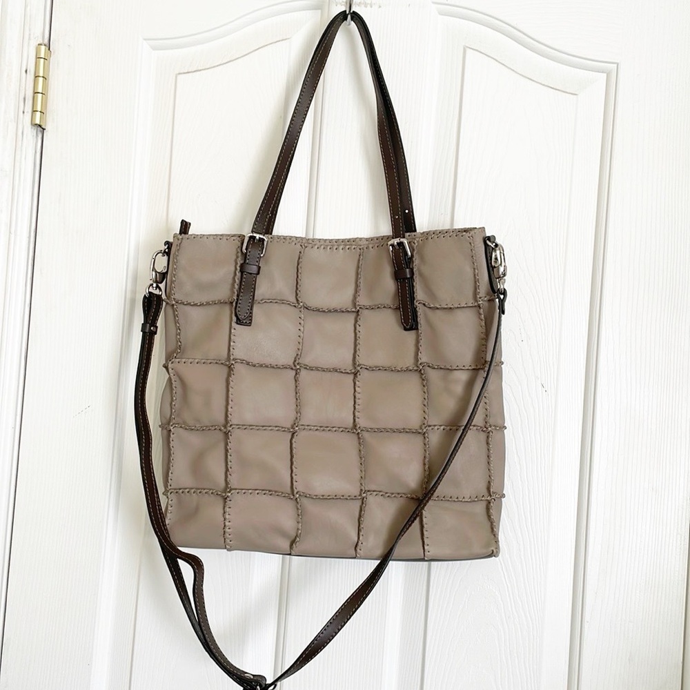 Gianni Conti Italian Taupe Beige Leather Patchwork Boho Satchel Tote Bag - Picture 2 of 10